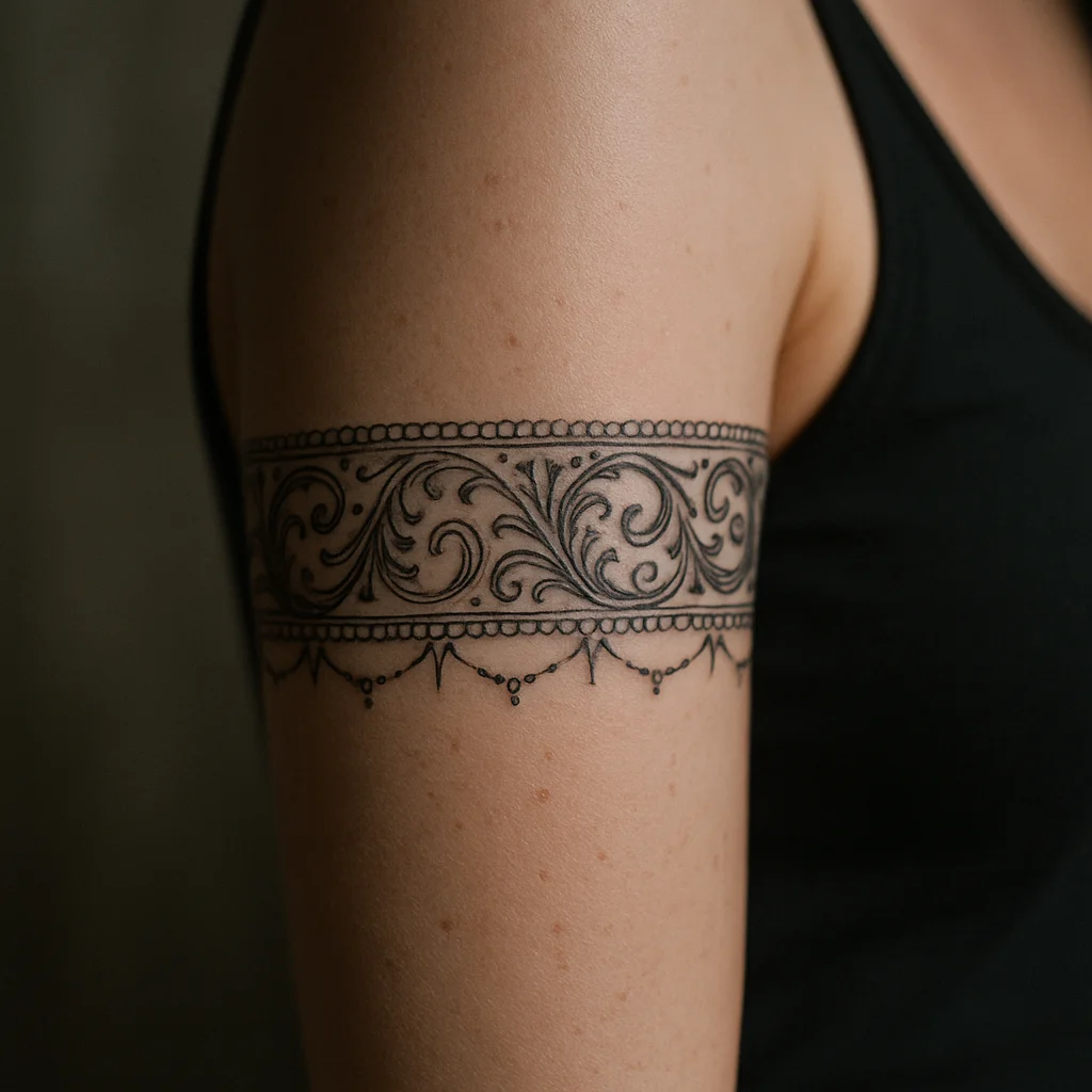 Fine-line filigree lace cuff tattoo with pearl dots circling a woman's upper arm