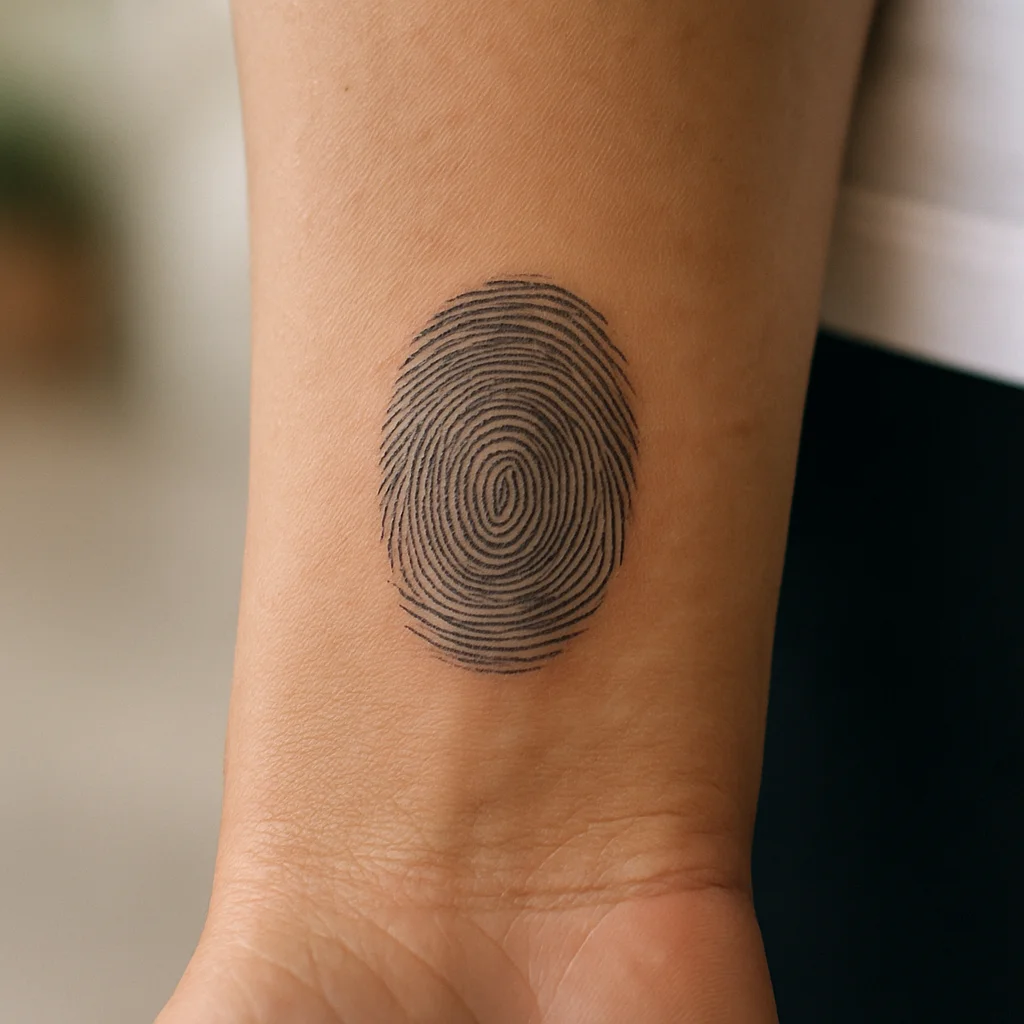 Fine-line fingerprint memorial tattoo on the inner wrist