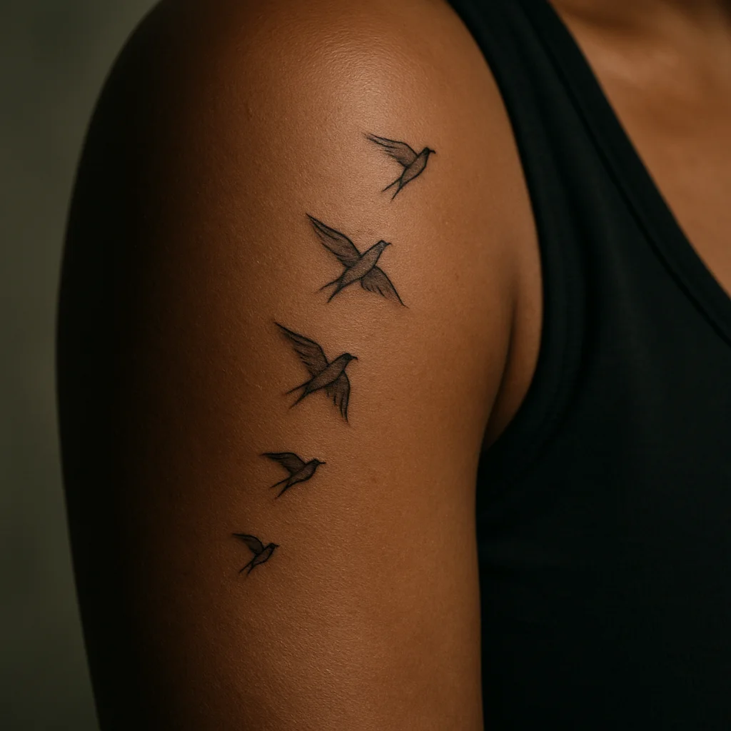 Fine-line flock of small birds scattering up a woman's upper arm