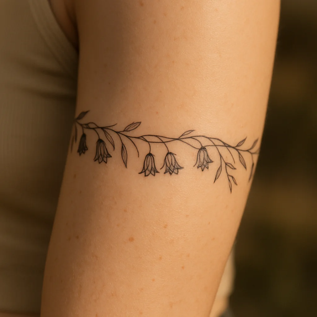 Fine-line floral armband of bluebells circling a woman's upper arm