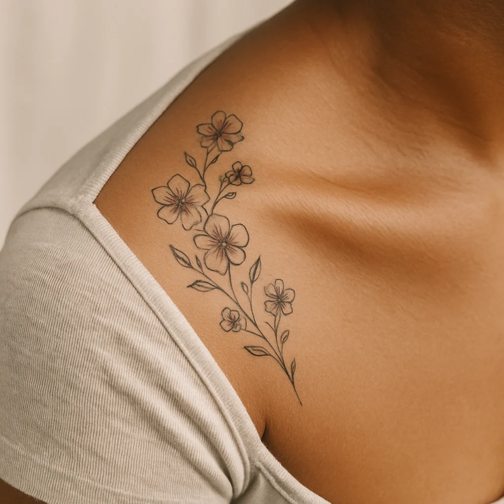 Fine-line floral epaulette curving from the collarbone over the shoulder seam