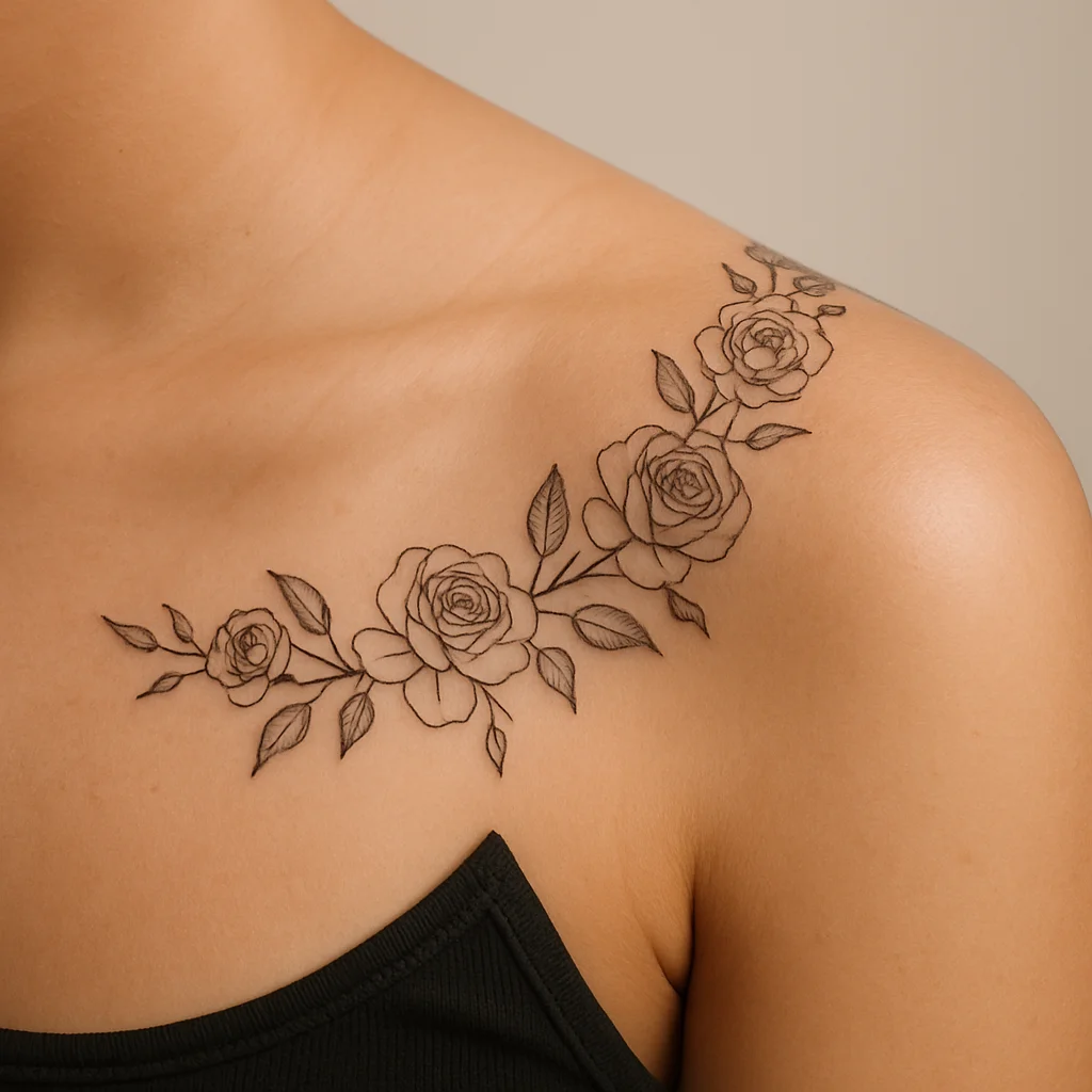 Fine-line floral epaulette of roses running over the top of the shoulder