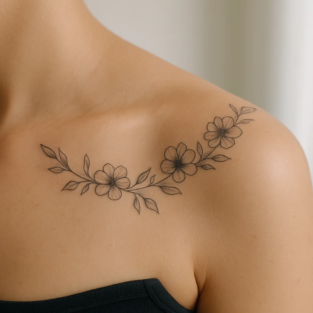 Fine-line floral garland placed from collarbone over the top of the shoulder