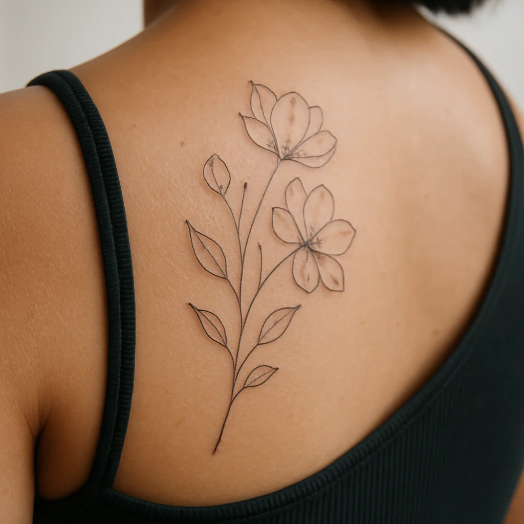 Fine-line floral tattoo on the shoulder blade with small pustules forming along the healing linework