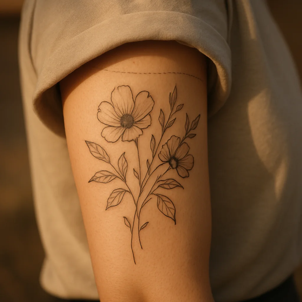 Fine-line floral upper arm tattoo with a marked sleeve line during a studio consultation