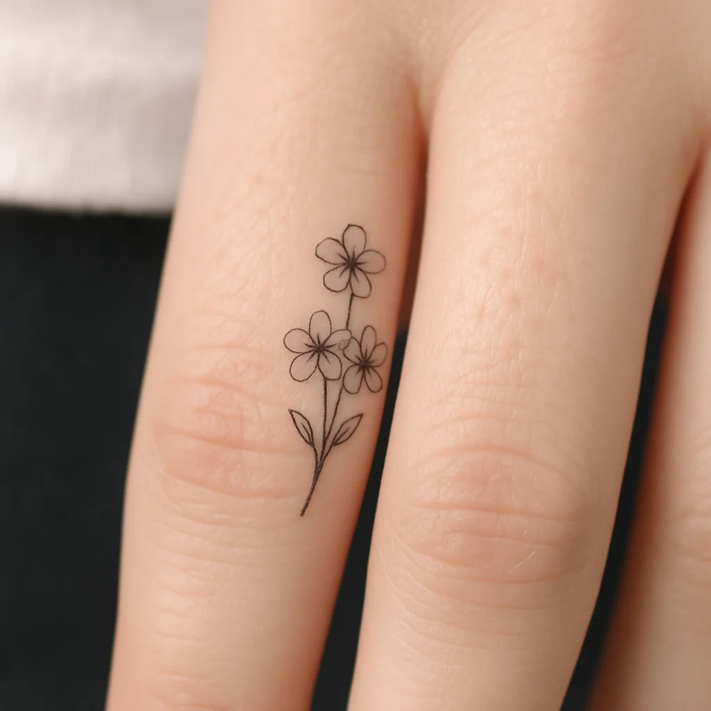 Fine-line flower cluster tattooed at the base of a ring finger