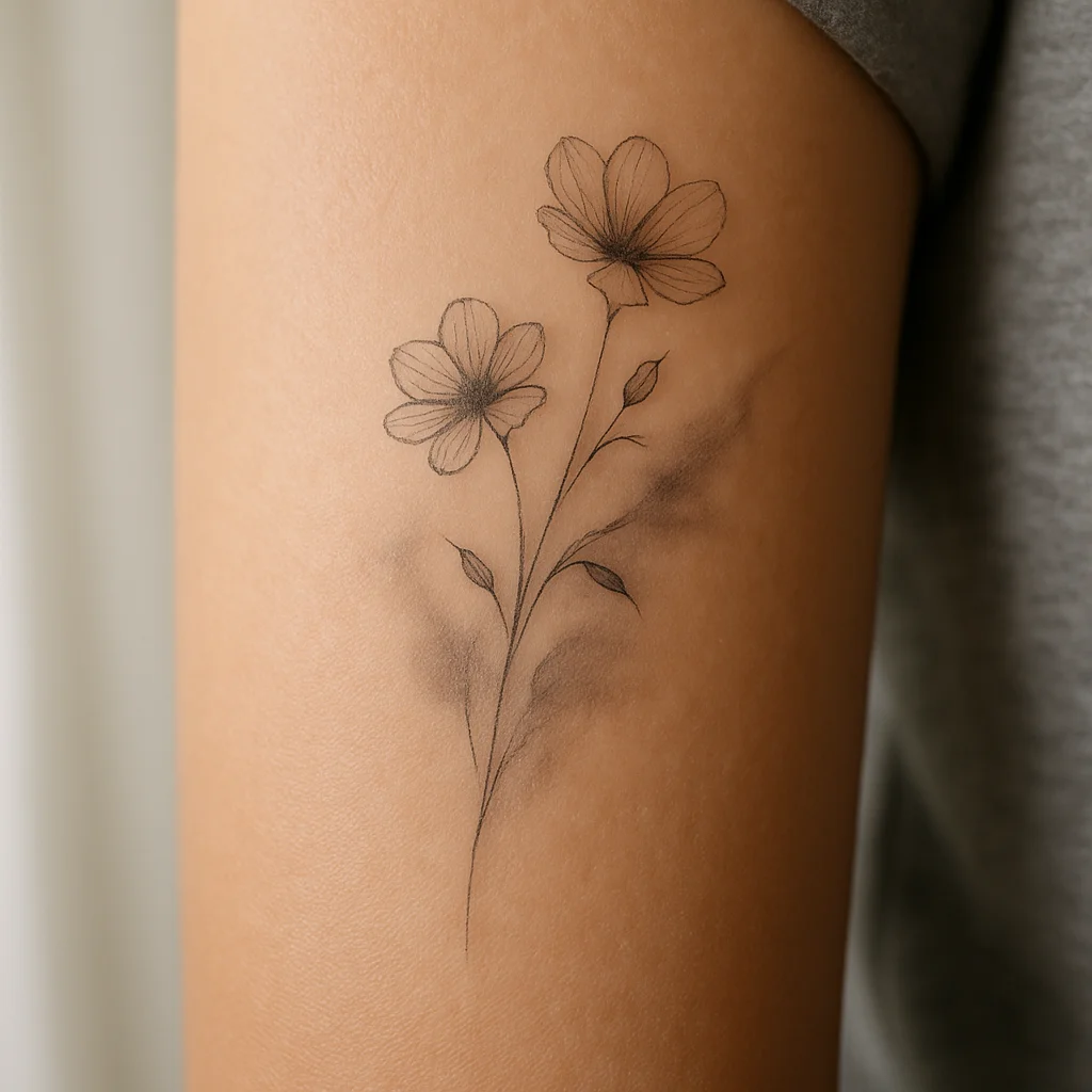 Fine-line flowers drifting into soft grey smoke shading along the inner forearm