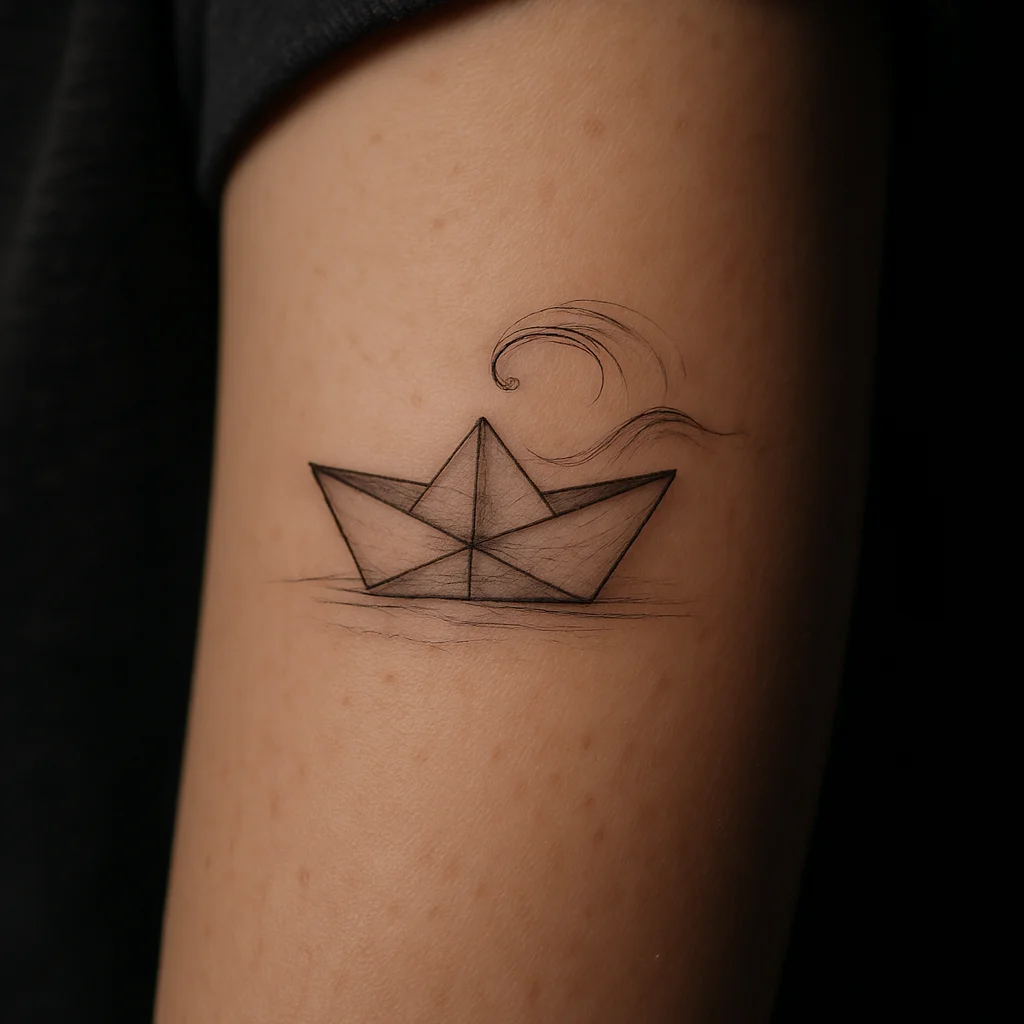 Fine-line folded paper boat tattooed on the inner forearm as half of a father and son pair