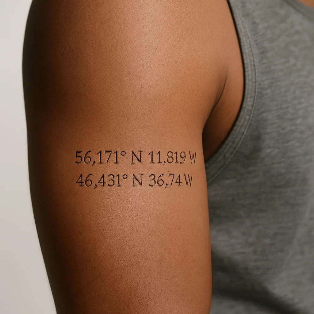 Fine-line GPS coordinates tattoo of a family home on the upper arm