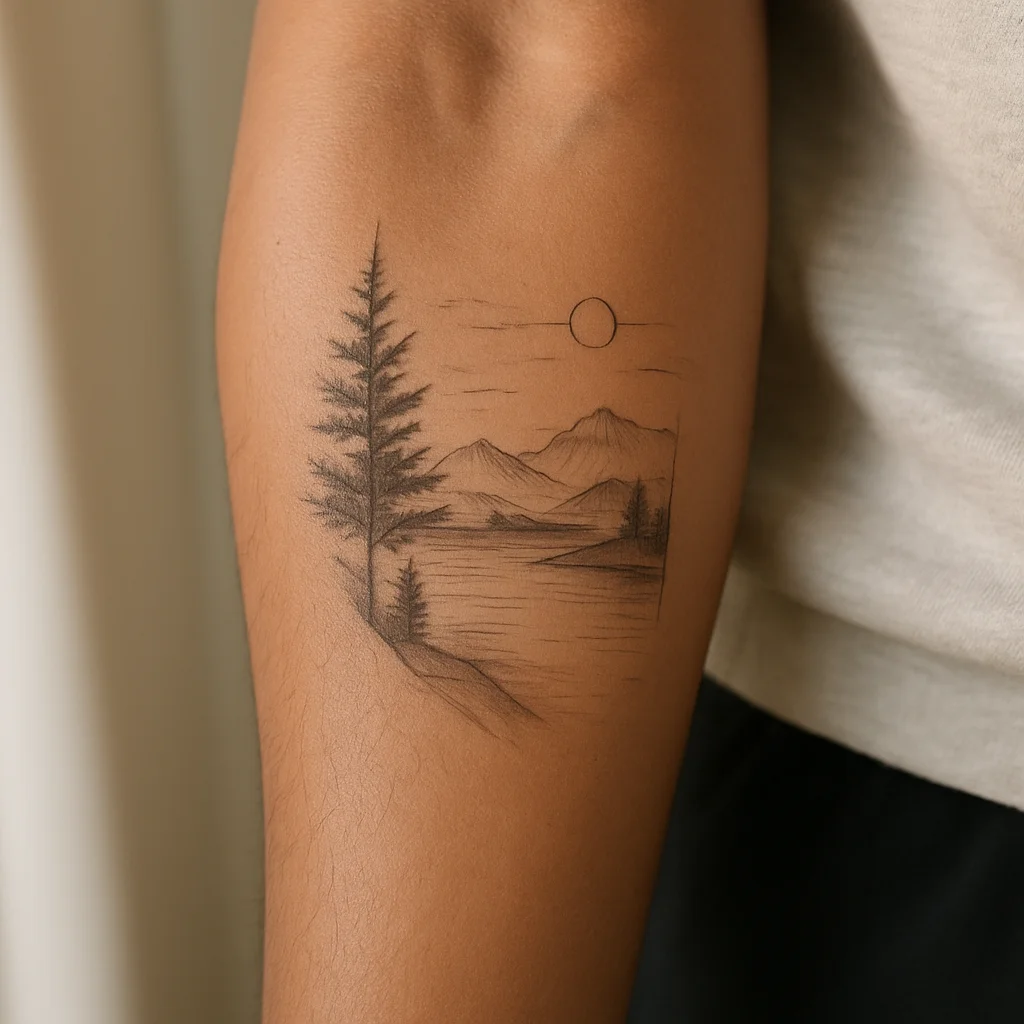 Fine-line half-landscape diptych tattoo on the inner forearm meant to pair with the other arm