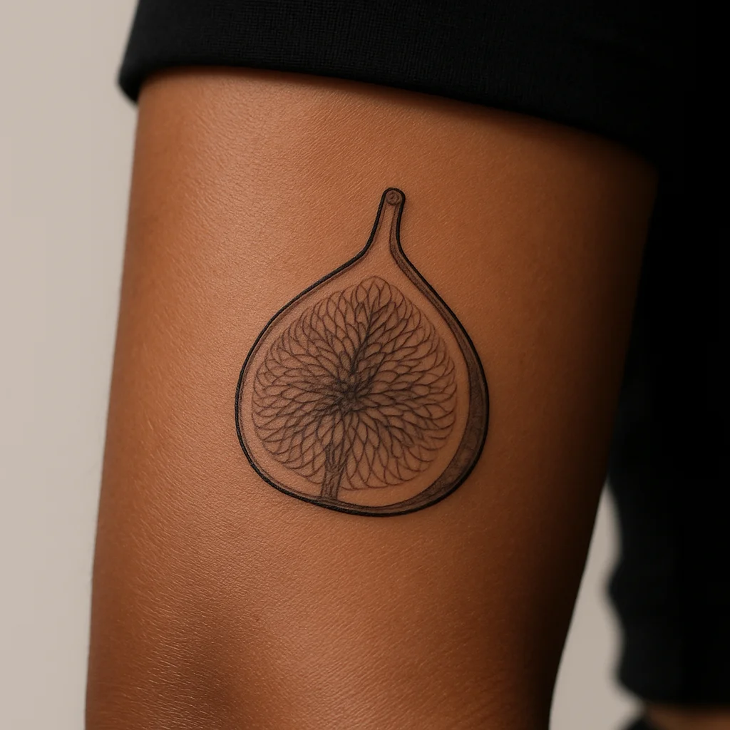 Fine-line halved fig tattoo with soft grey wash on the inner forearm near the wrist