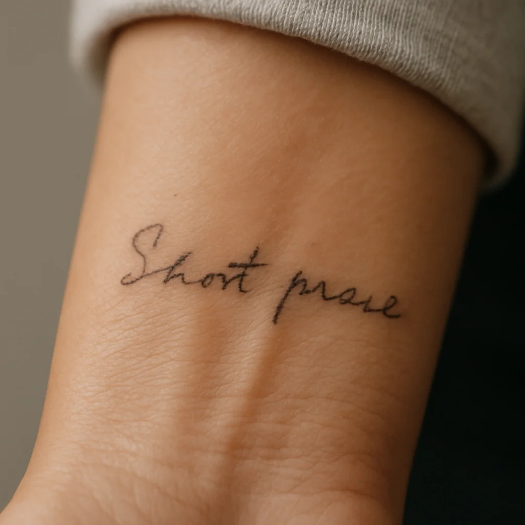 Fine-line handwriting phrase tattoo scanned from a letter, small and imperfect, on the inner wrist