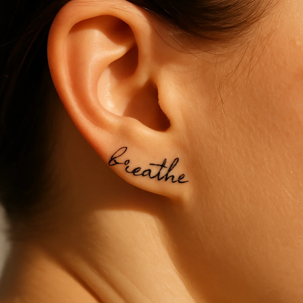 Fine-line handwritten script word tattoo along the crease behind the ear