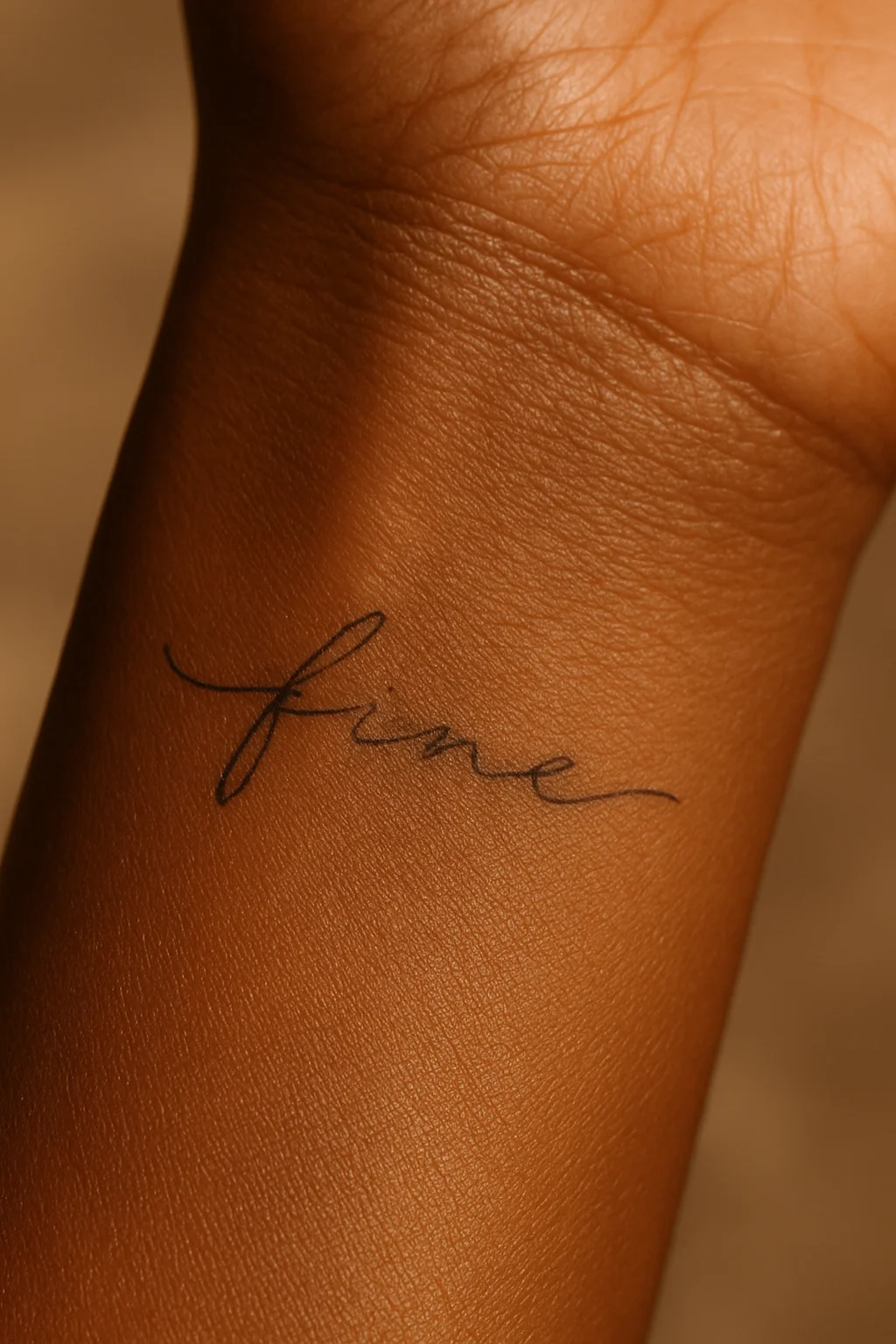 Fine-line handwritten script word tattoo in thin cursive on the inner wrist
