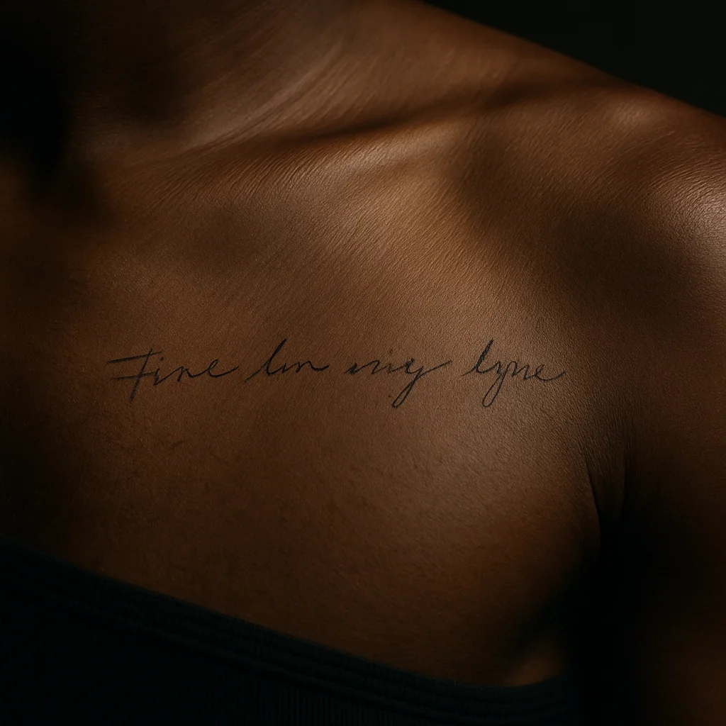 Fine-line handwritten song lyric tattoo across the chest, single straight line of script above the pectoral
