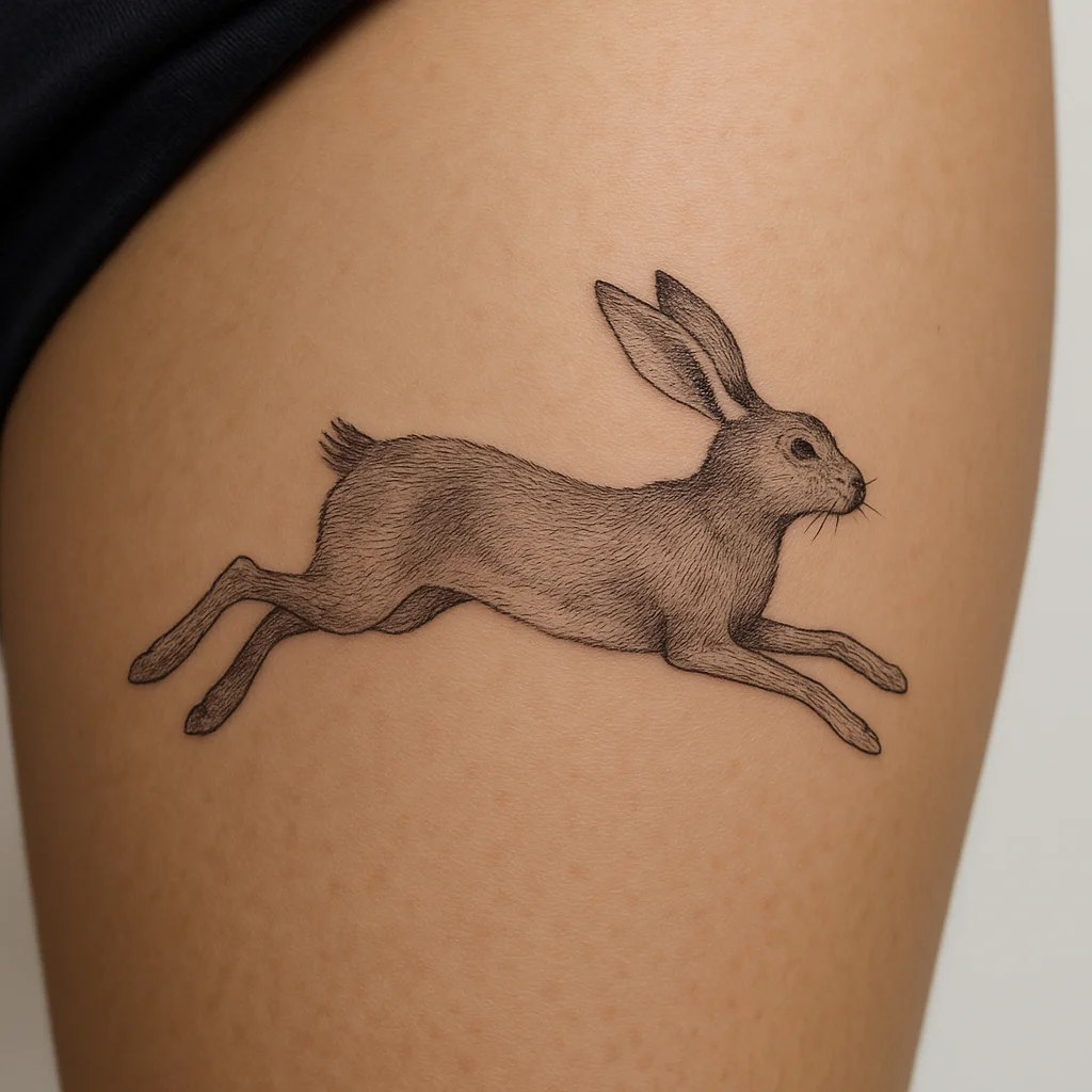 Fine-line hare mid-leap with flat ears and no ground line on the thigh