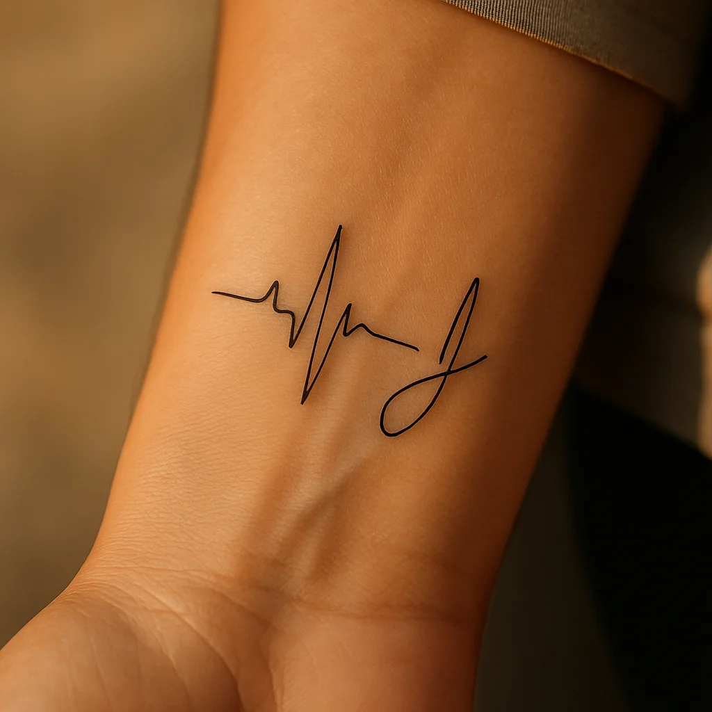 Fine-line heartbeat tattoo ending in an initial across the inner wrist