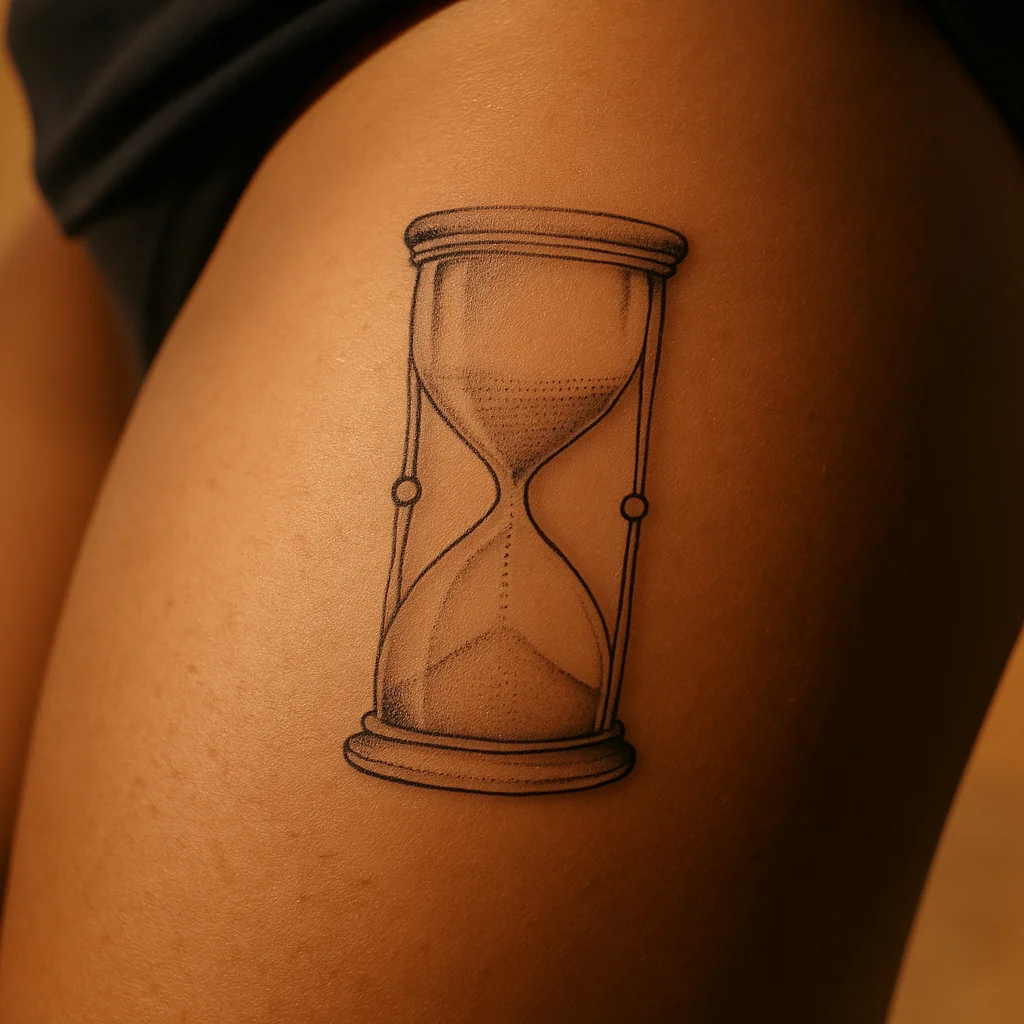 Fine-line hourglass tattoo with dotted falling sand above the knee