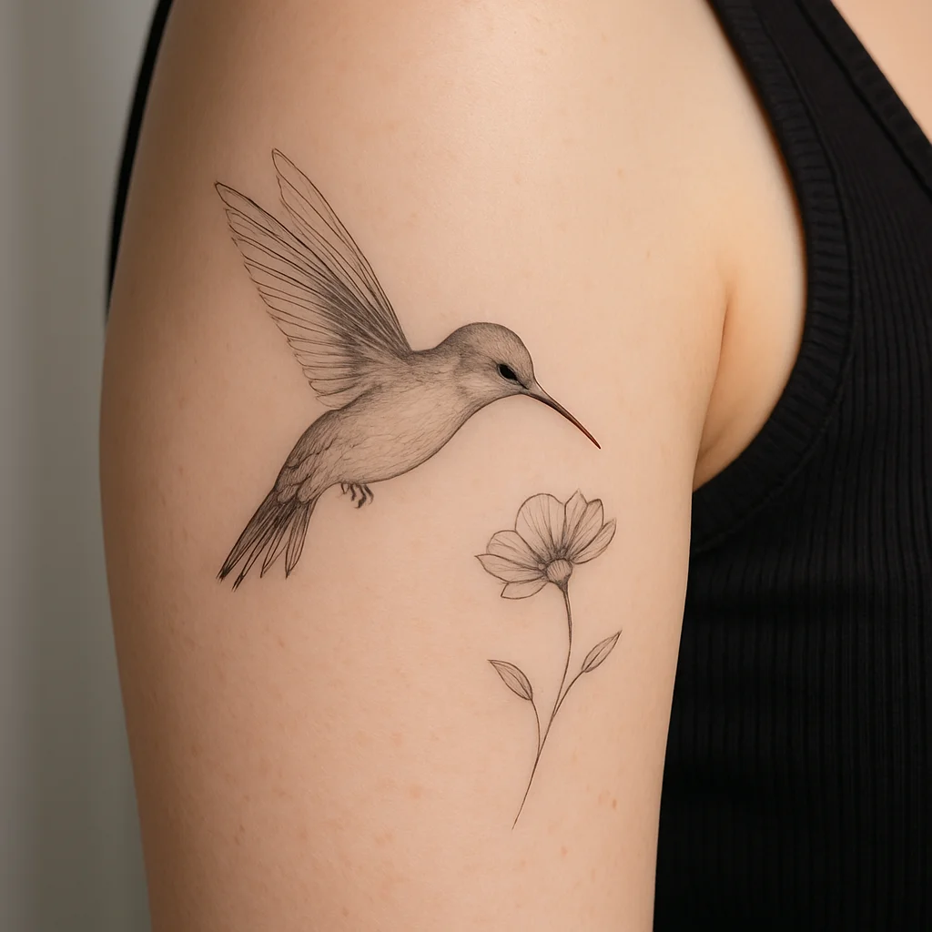 Fine-line hummingbird hovering over a small flower tattooed on a woman's upper arm