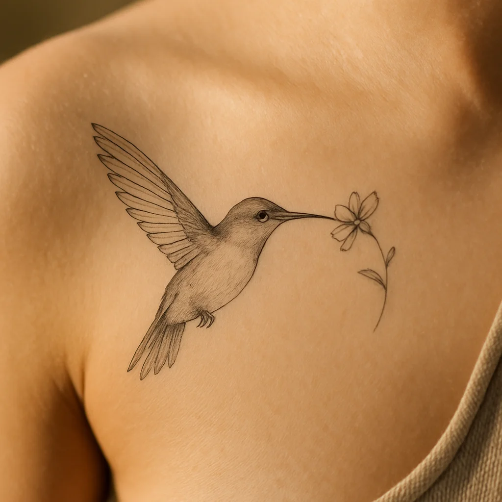 Fine-line hummingbird tattoo hovering toward a small blossom on the shoulder cap