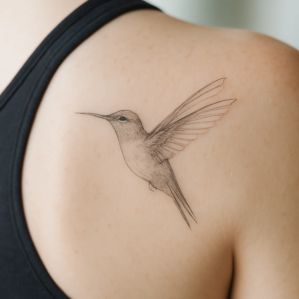Fine-line hummingbird tattoo placed off-centre on the shoulder blade
