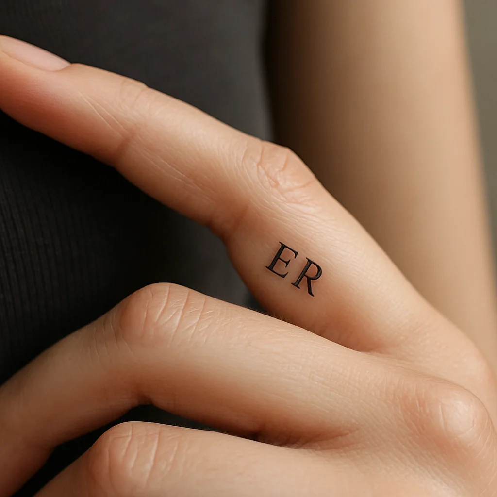 Fine-line initials tattooed on the inner side of a finger for a partner