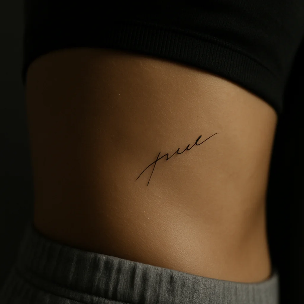 Fine-line italic script tattoo angled along a rib on the side of a woman's ribcage