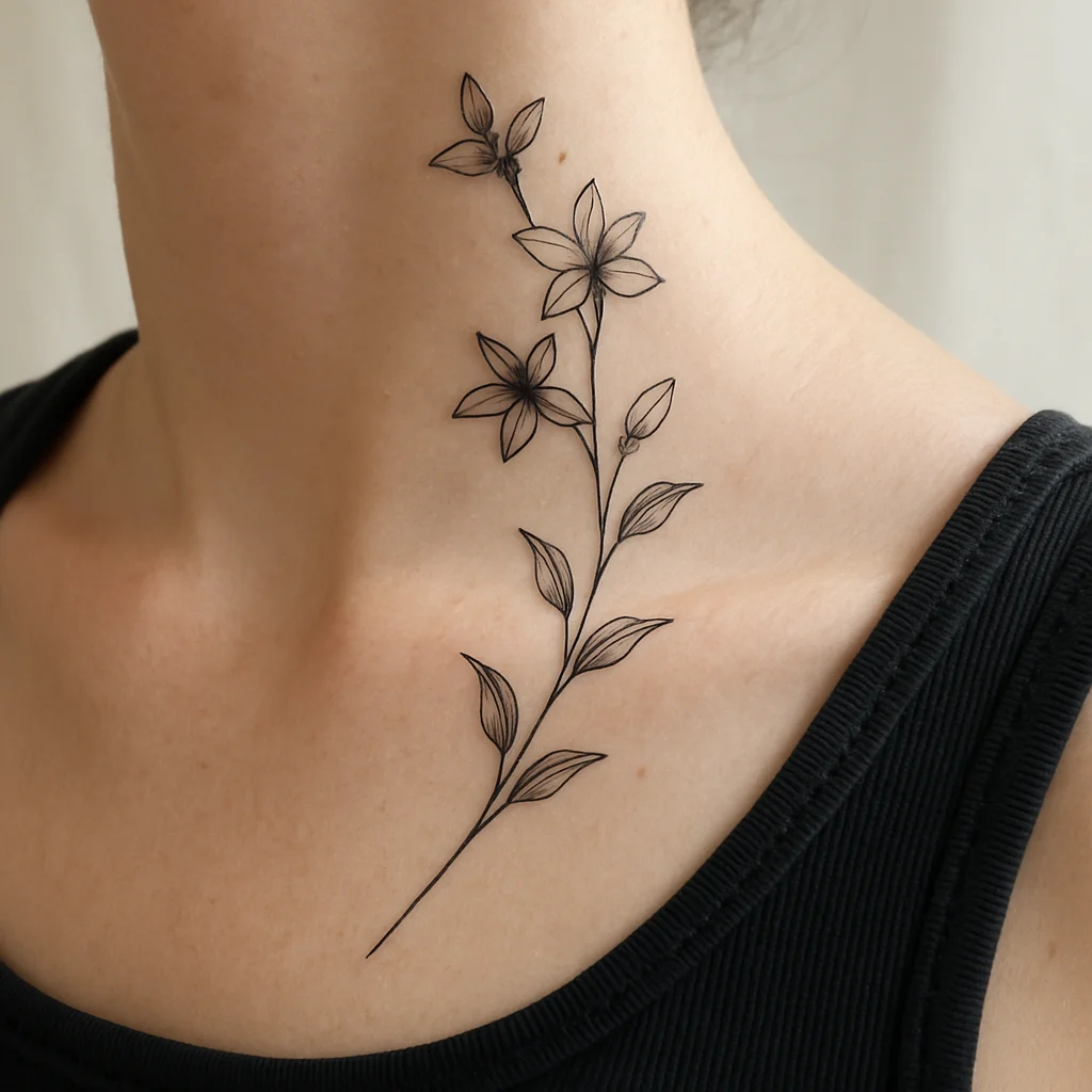 Fine-line jasmine stem tattoo climbing from the collarbone up the side of the throat