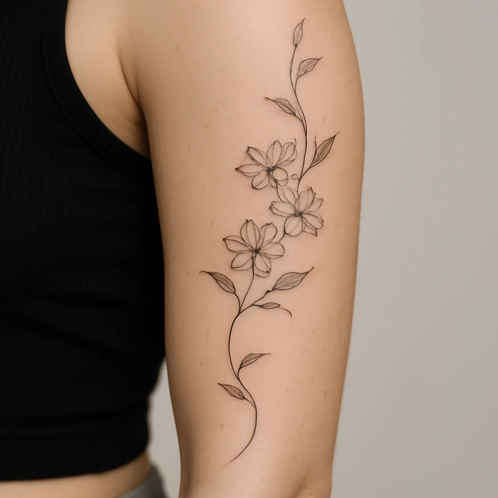 Fine-line jasmine vine spiralling around the upper arm from shoulder to elbow