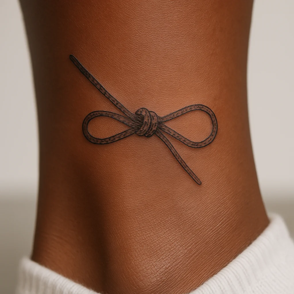 Fine-line knotted bootlace tattoo in a tight loop wrapped around the ankle