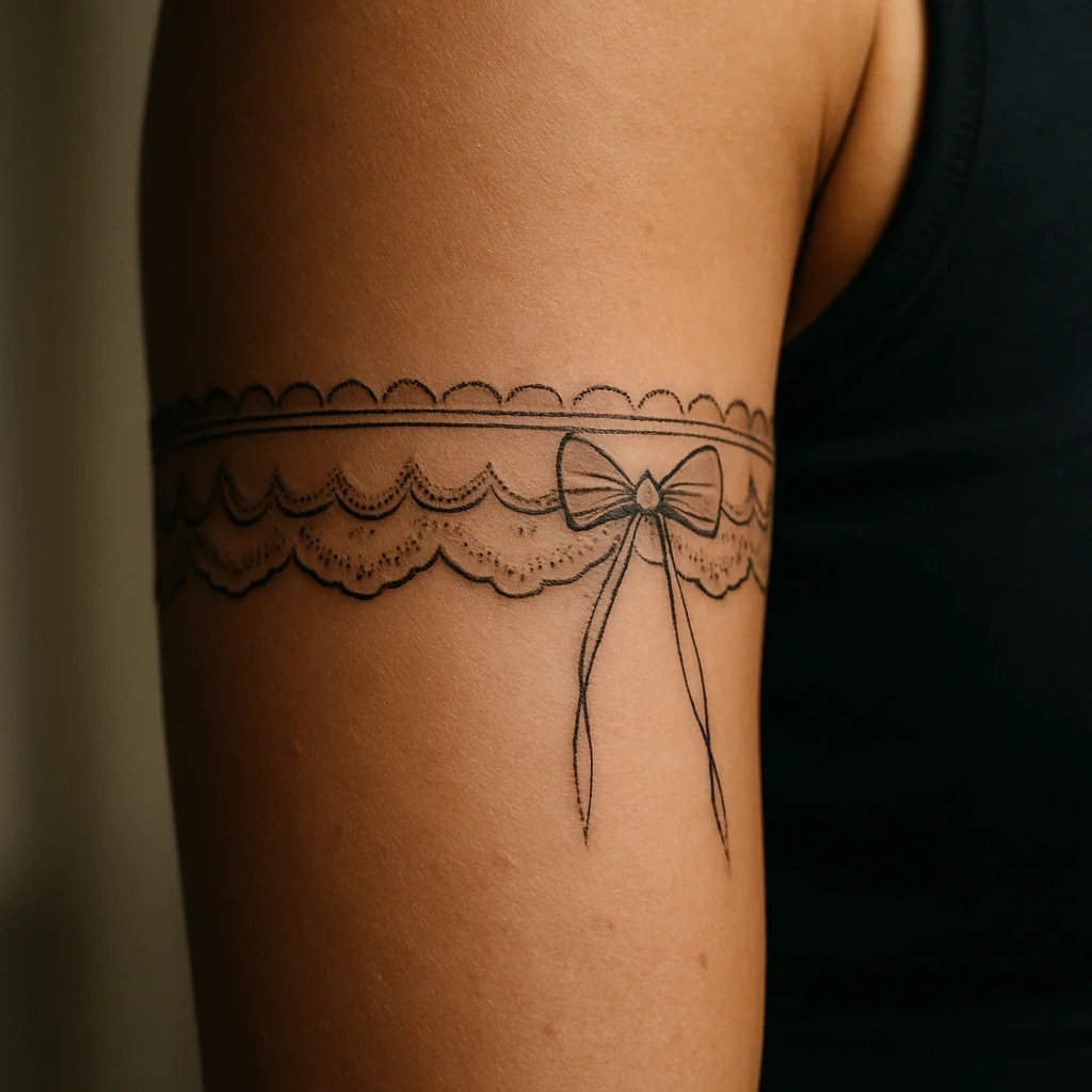 Fine-line lace garter armband with a bow tattooed on a woman's upper arm