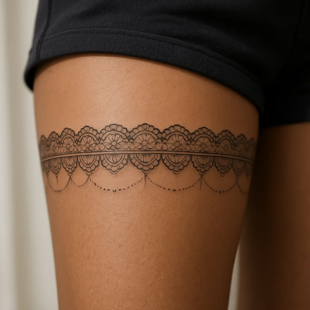 Fine-line lace garter band tattoo with pearl dots wrapping the upper inner thigh