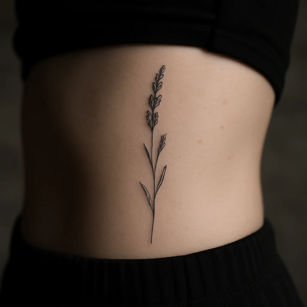 Fine-line lavender sprig running vertically down the side of the ribcage