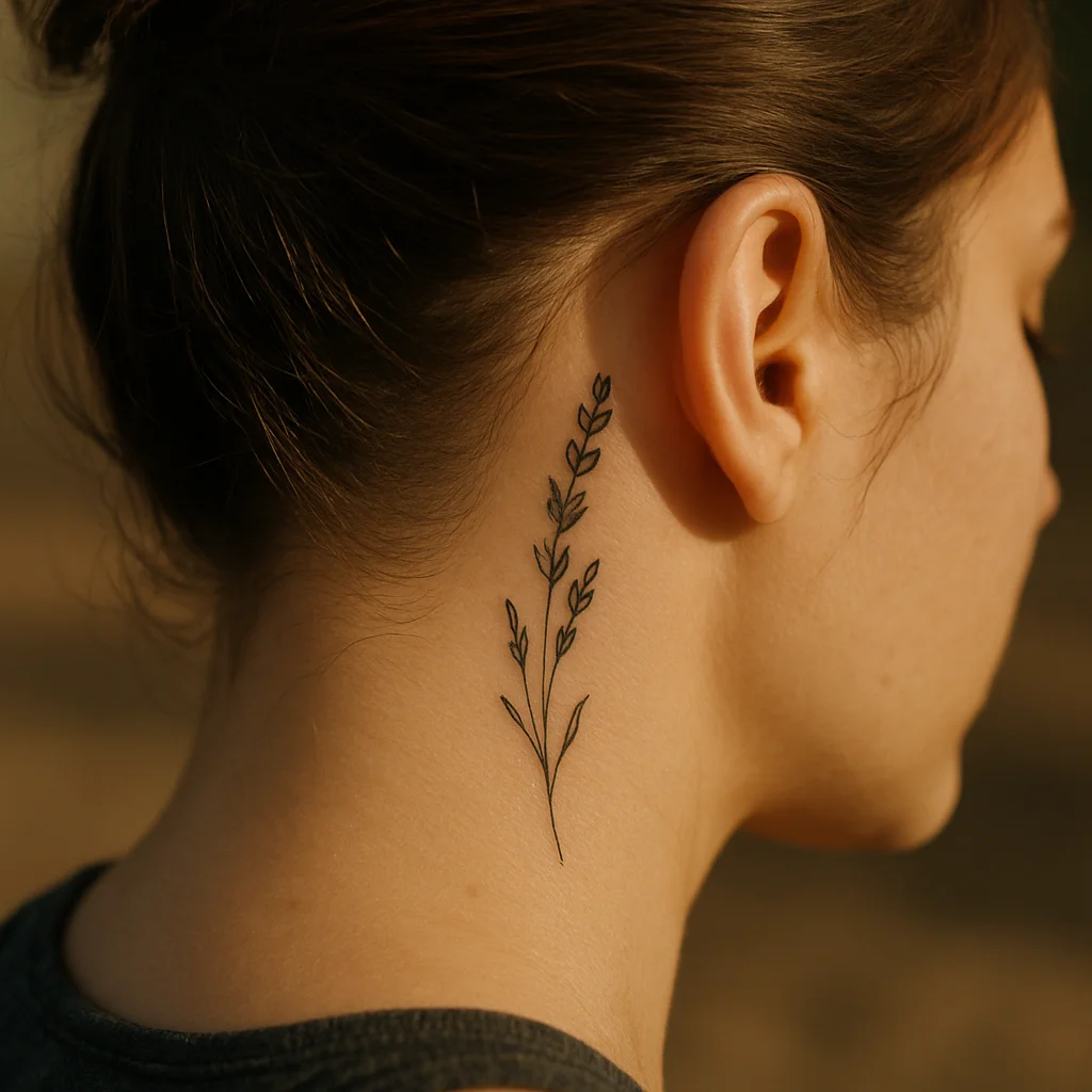 Fine-line lavender sprig tattoo behind the ear with hair tied up during healing