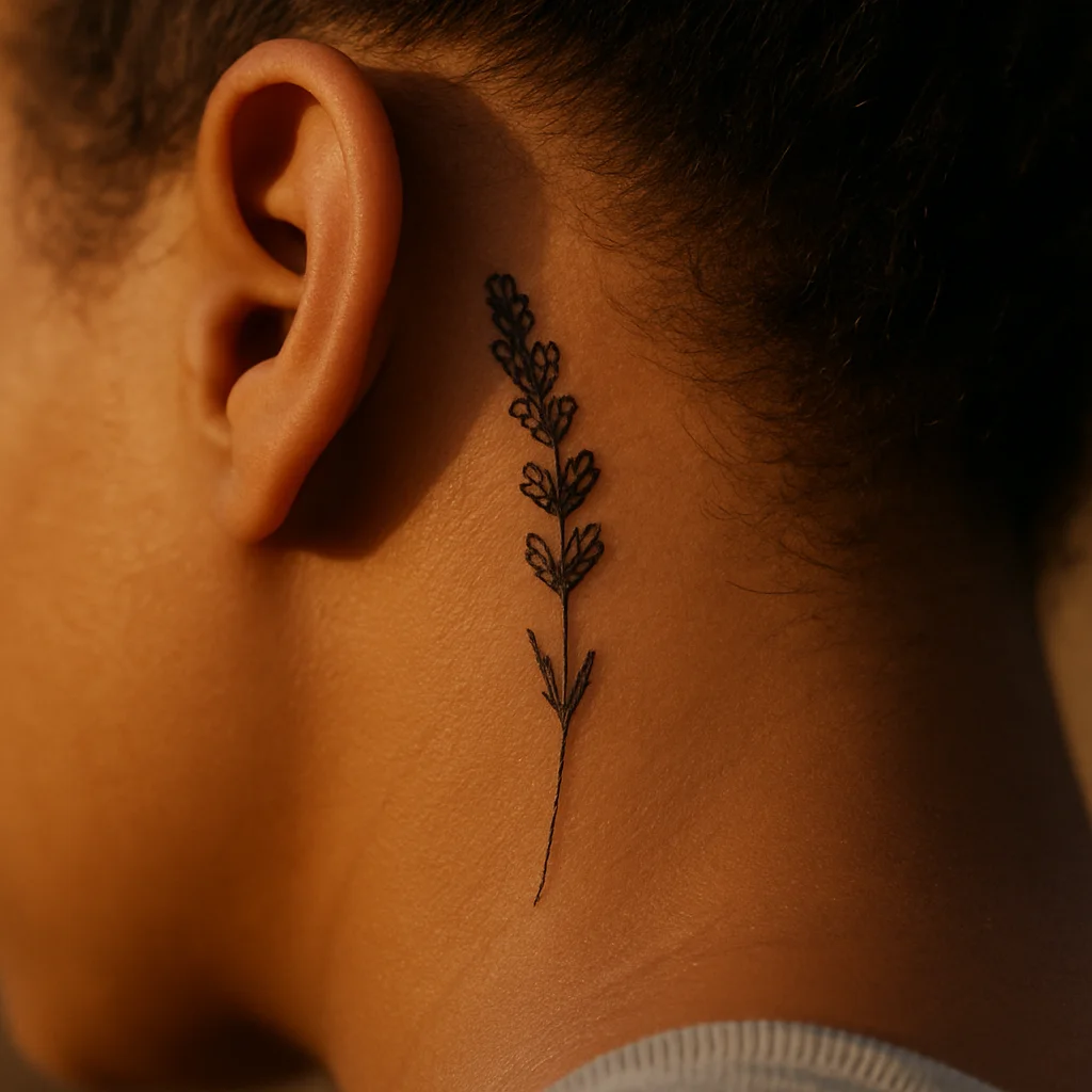 Fine-line lavender sprig tattoo following the tendon on the side of the neck