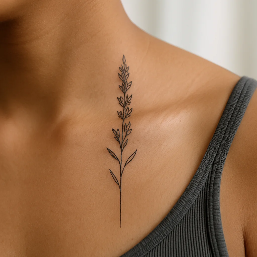 Fine-line lavender sprig tattoo rising from the collarbone toward the neck