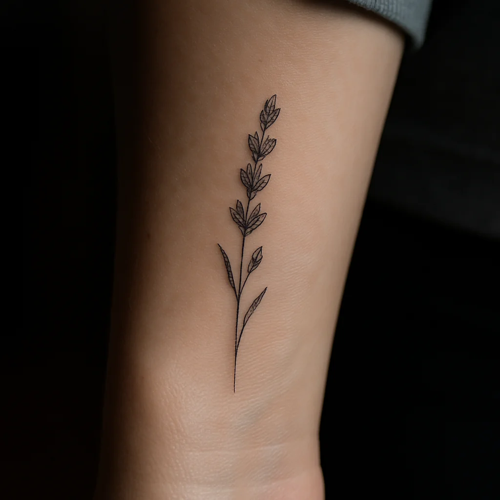 Fine-line lavender sprig tilted slightly, tattooed on the inner wrist above the crease