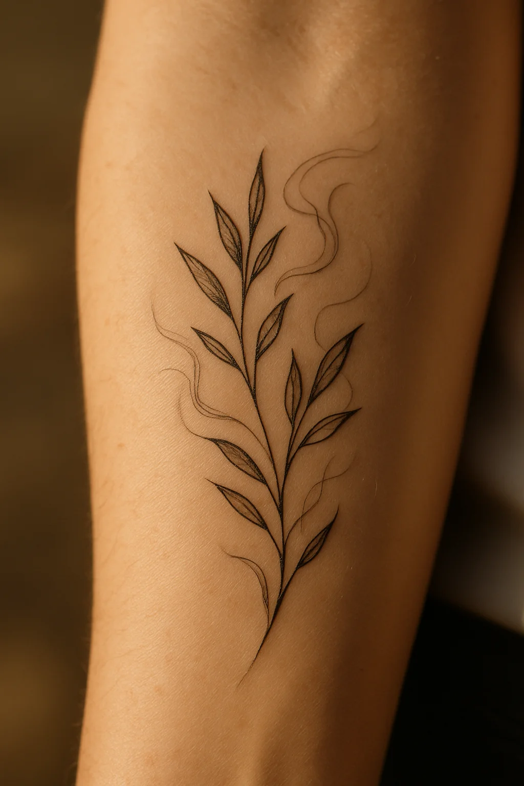Fine-line leaf and smoke filler background glue running along the inner forearm