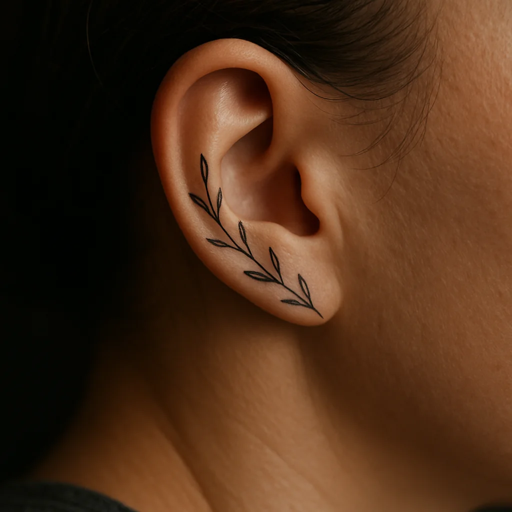 Fine-line leafy vine tattoo following the outer curve of the ear