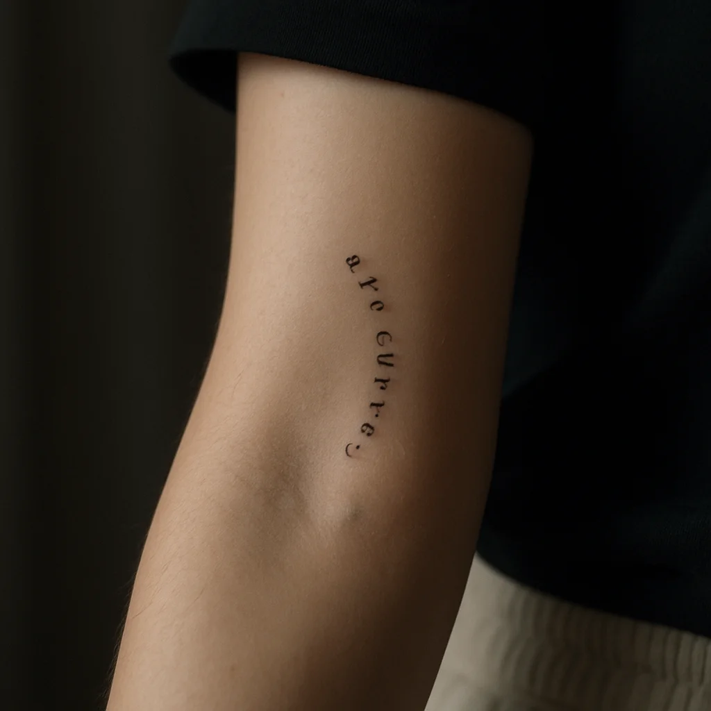 Fine-line lettering curved into a graphic shape on the inner forearm