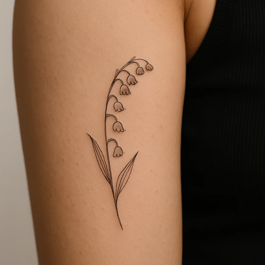 Fine-line lily of the valley stem tattooed vertically on a woman's inner upper arm