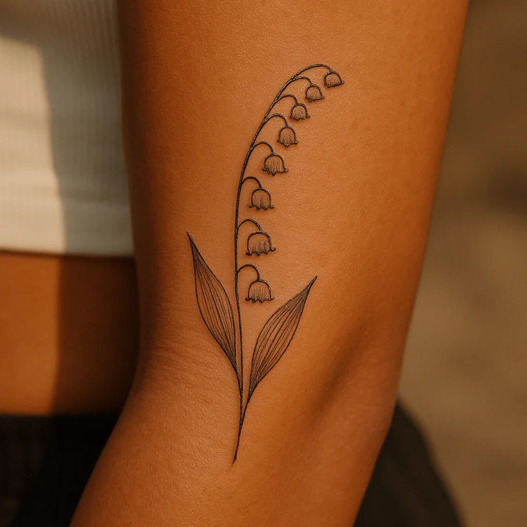 Fine-line lily of the valley stem with alternating bells and basal leaves on the inner forearm