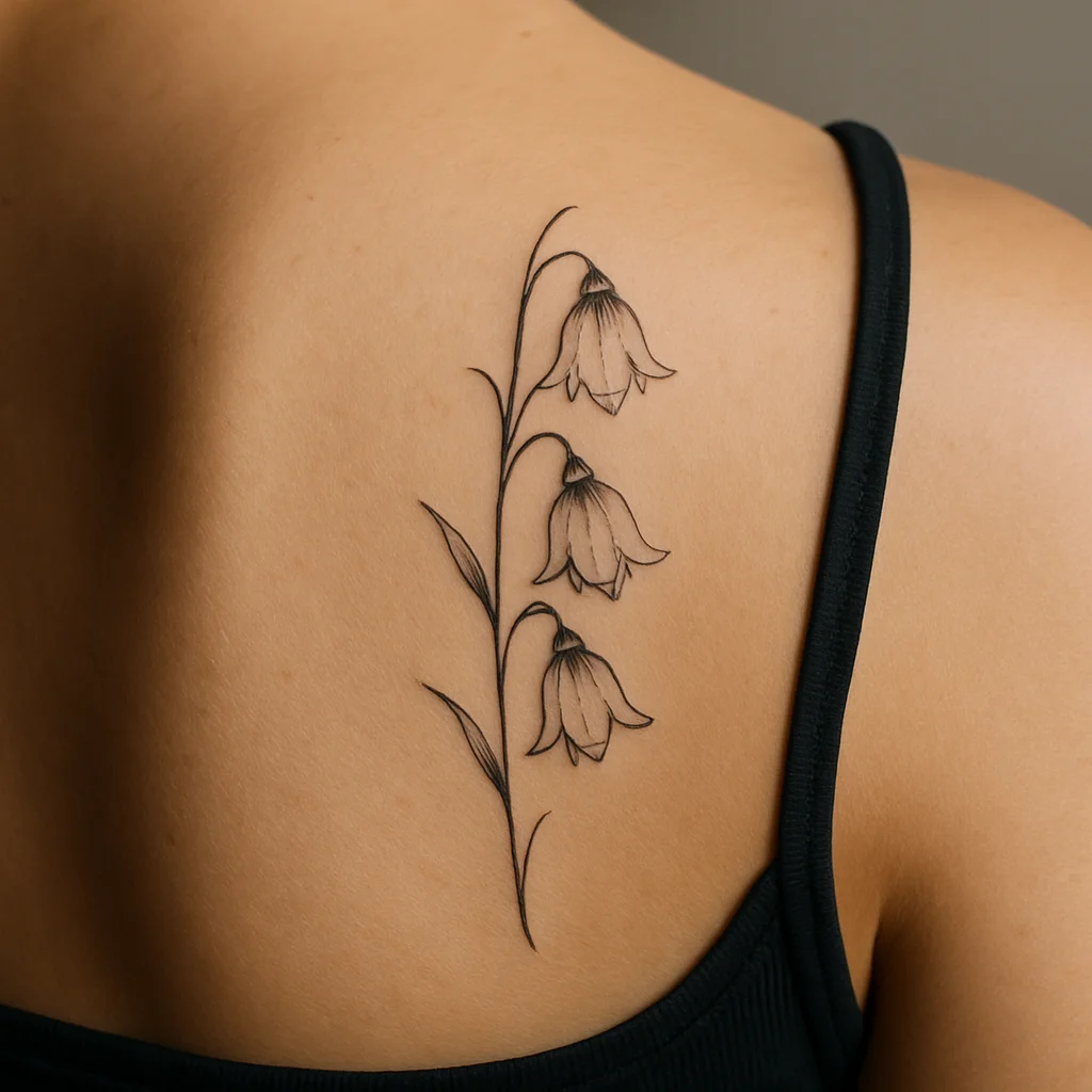 Fine-line lily of the valley stem with three bells tattooed on the shoulder blade