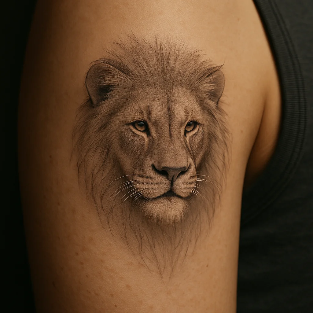 Fine-line lion head with sharp eyes and fading grey mane on the upper arm