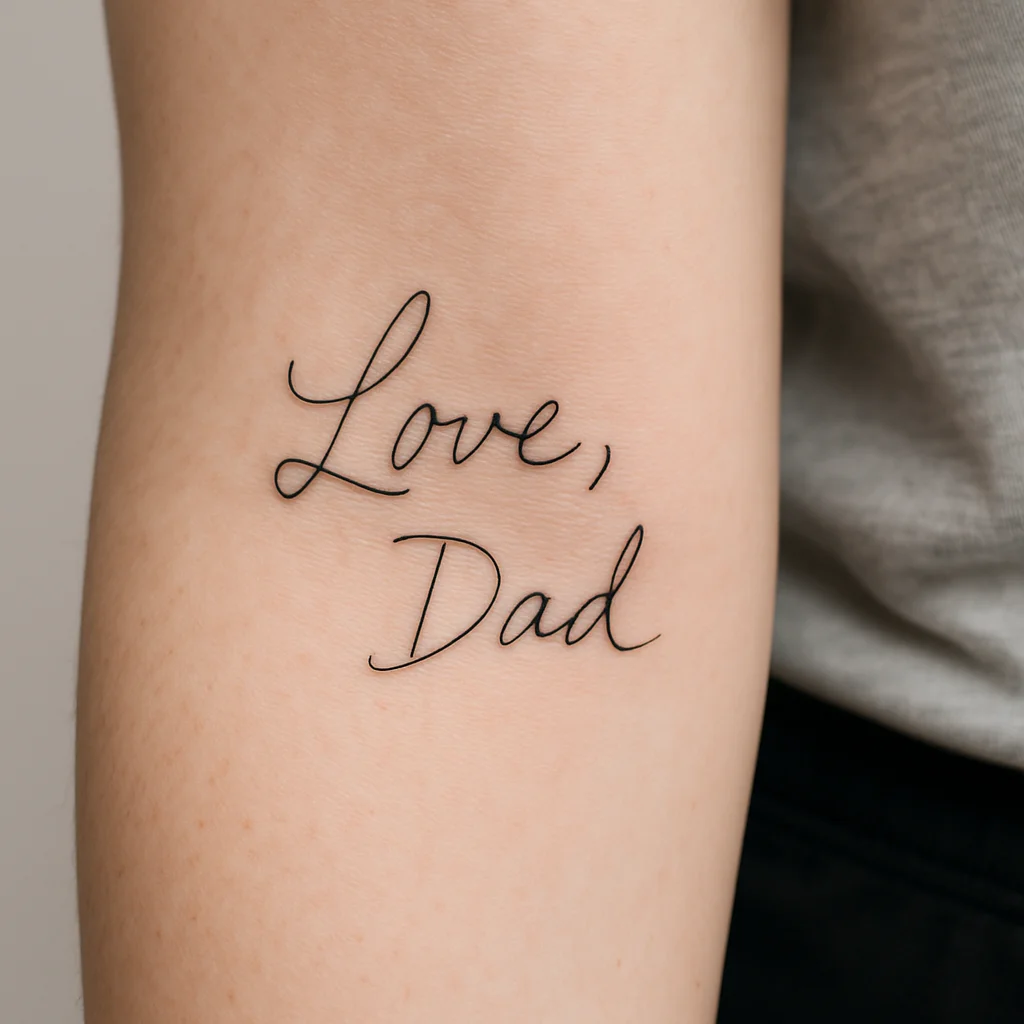 Fine-line Love Dad handwriting tattoo copied from a birthday card on the inner forearm