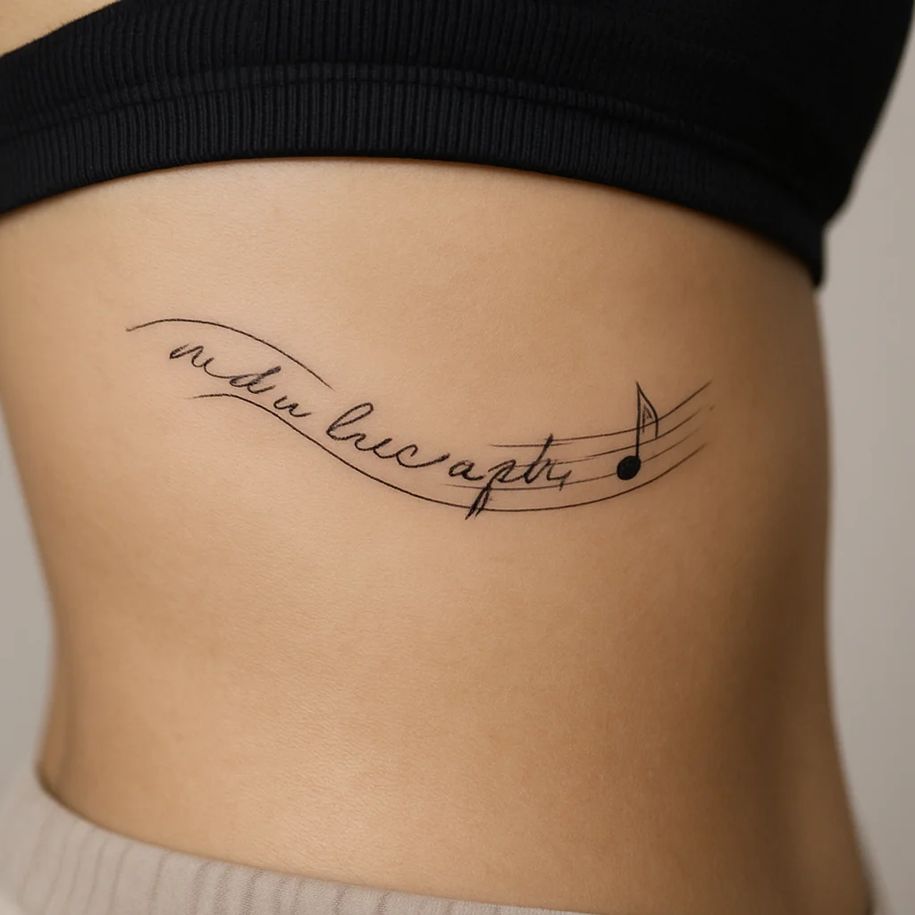 Fine-line lyric fragment on a curved staff line across the side of the ribcage