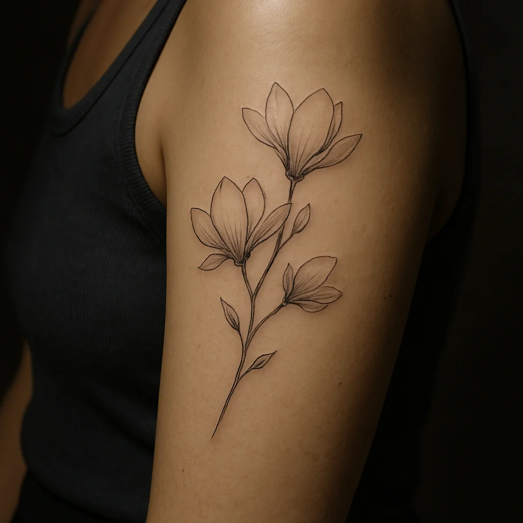 Fine-line magnolia branch tattoo with open blossoms and skin breaks on a woman's upper arm