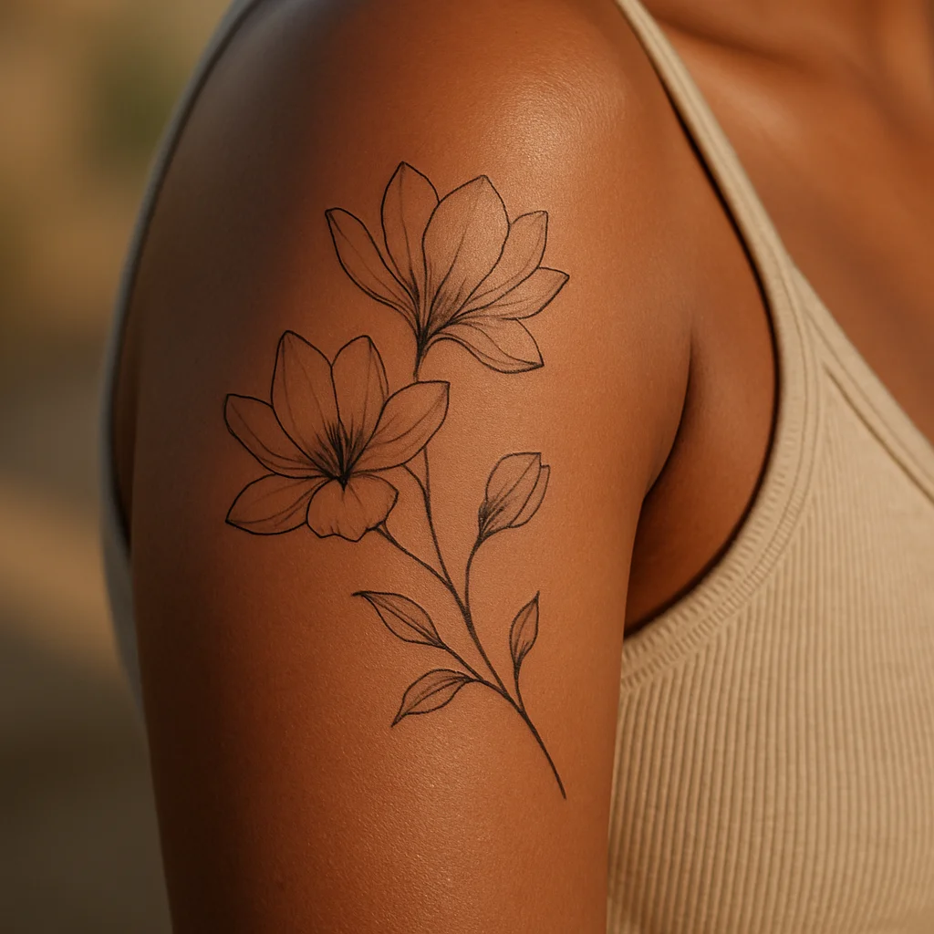 Fine-line magnolia branch with two blooms curving over the deltoid on a woman's upper arm
