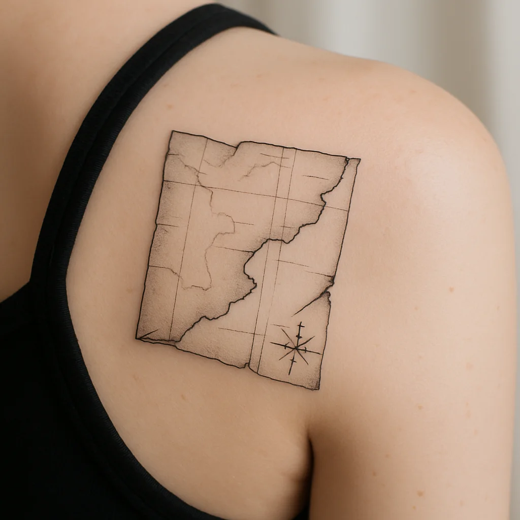 Fine-line map fragment and compass rose tattooed on the shoulder blade