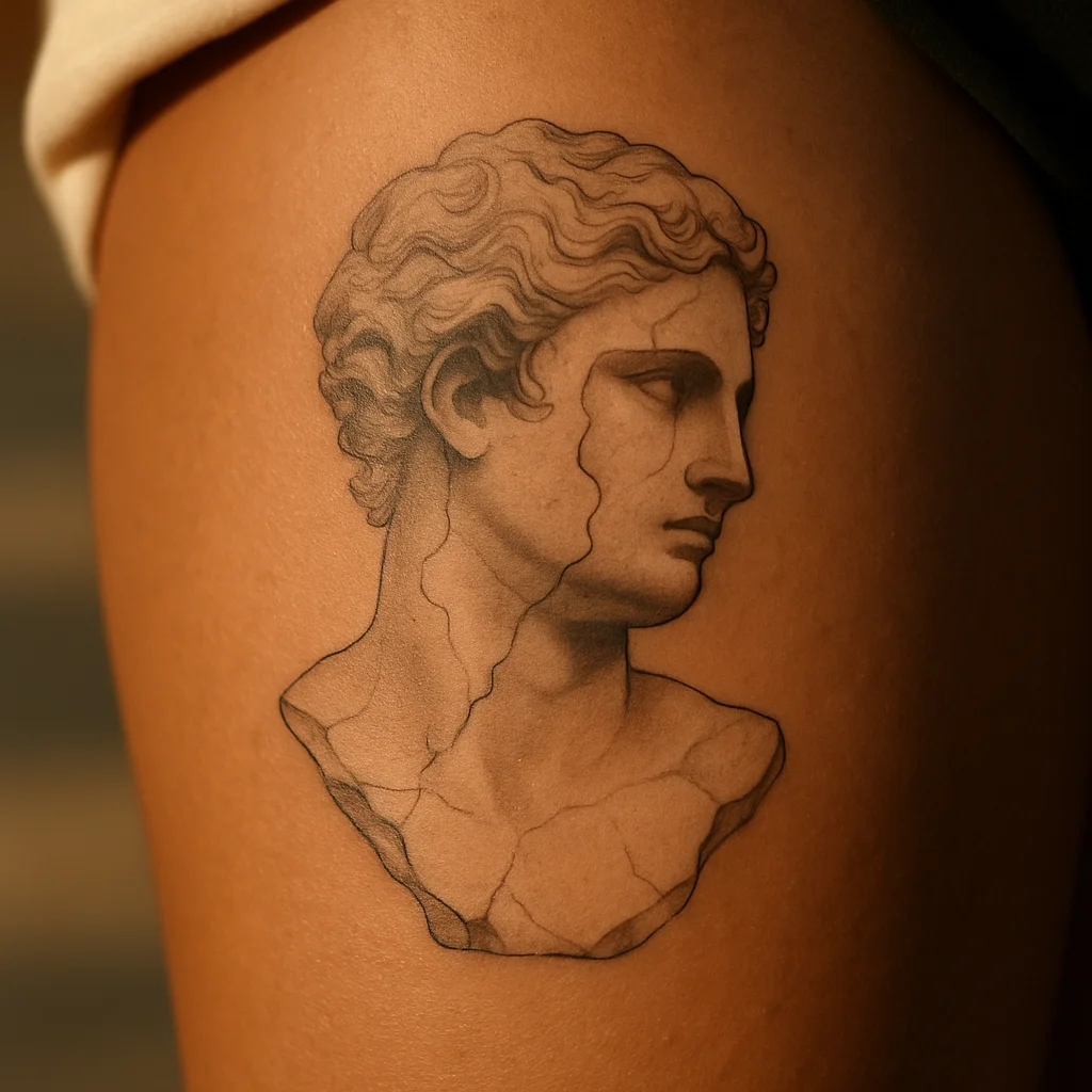Fine-line marble statue fragment tattoo in soft grey wash on a man's front thigh